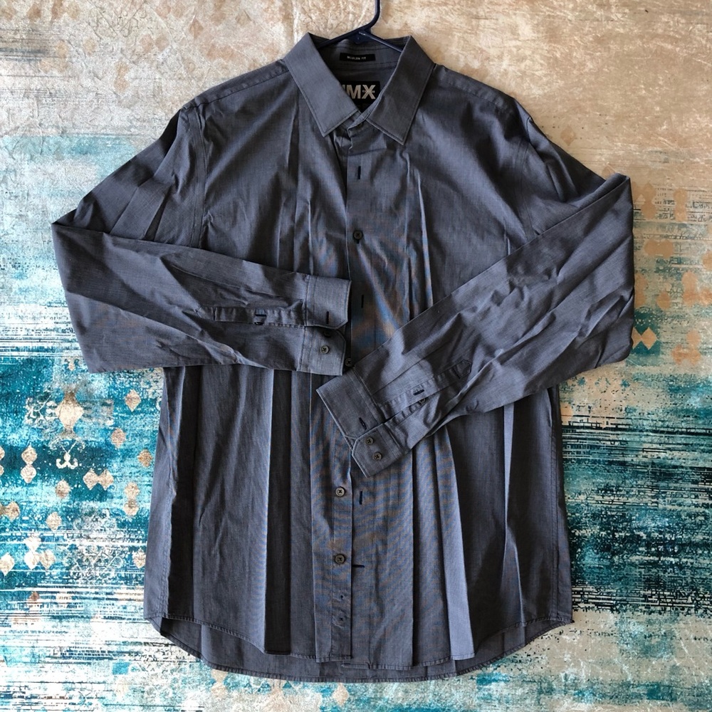 Men's Pre-owned Express 1MX Fitted Slate Blue Dress Shirt - Dry Cleaned